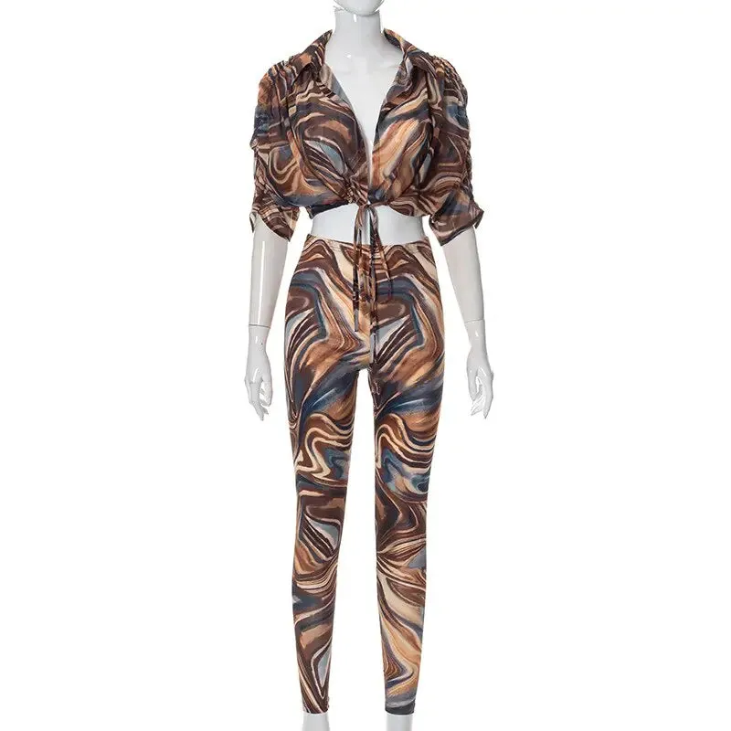 2 Piece Set Abstract Print Sheer Mesh Outfit