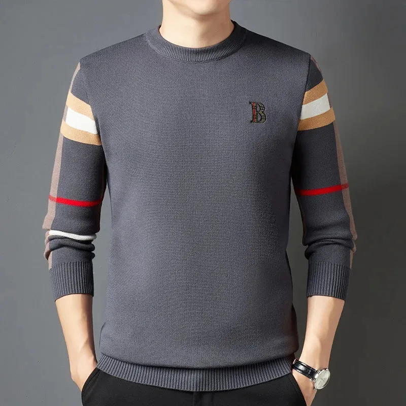 2024 New Autumn/Winter Fashion Luxury Men's Classic Casual Stripe Checkered Pullover Men's Business Brand Soft and Warm Sweater