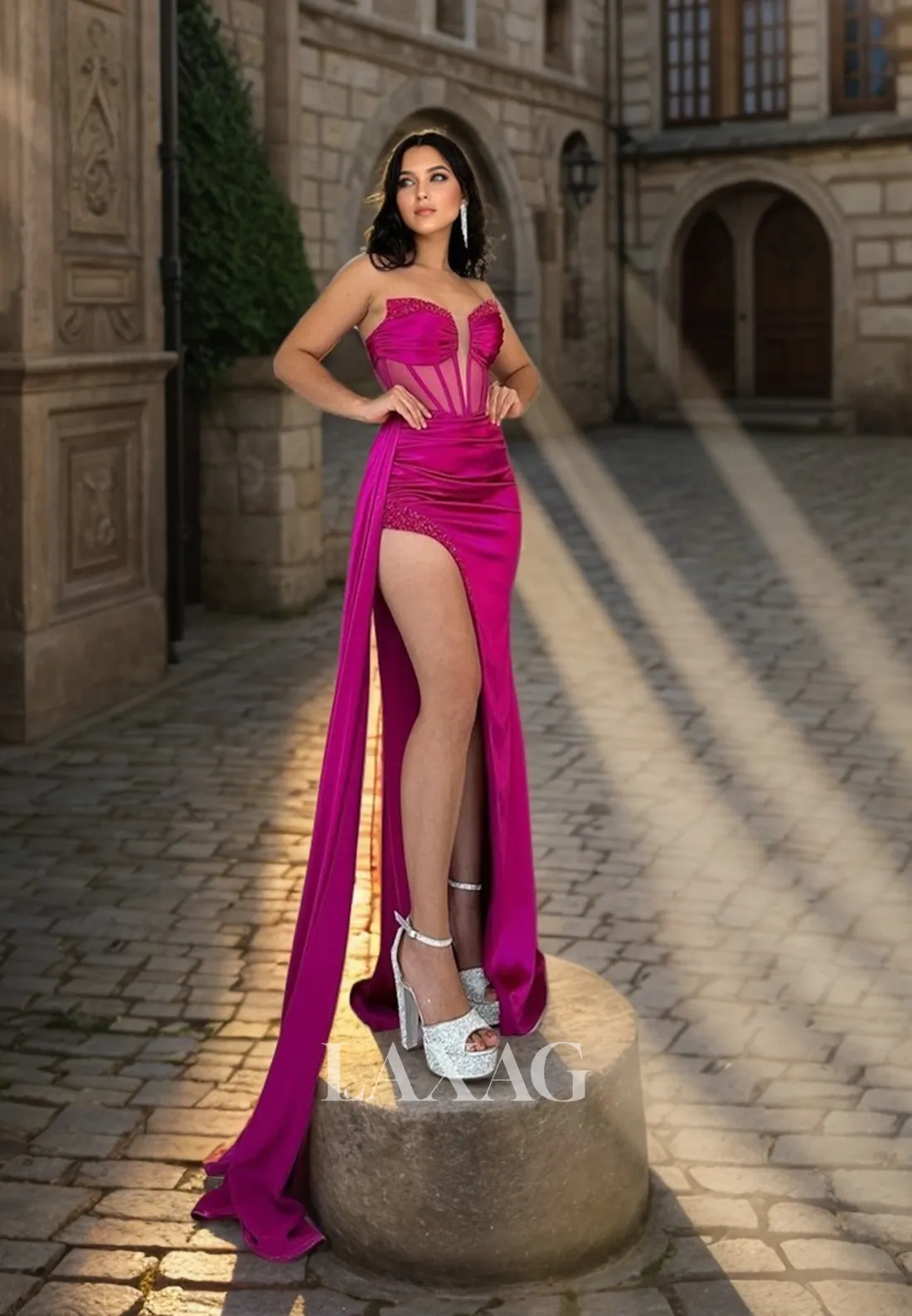 23183 - Sexy Strapless Beaded High Slit Party Prom Formal Evening Dress with Train