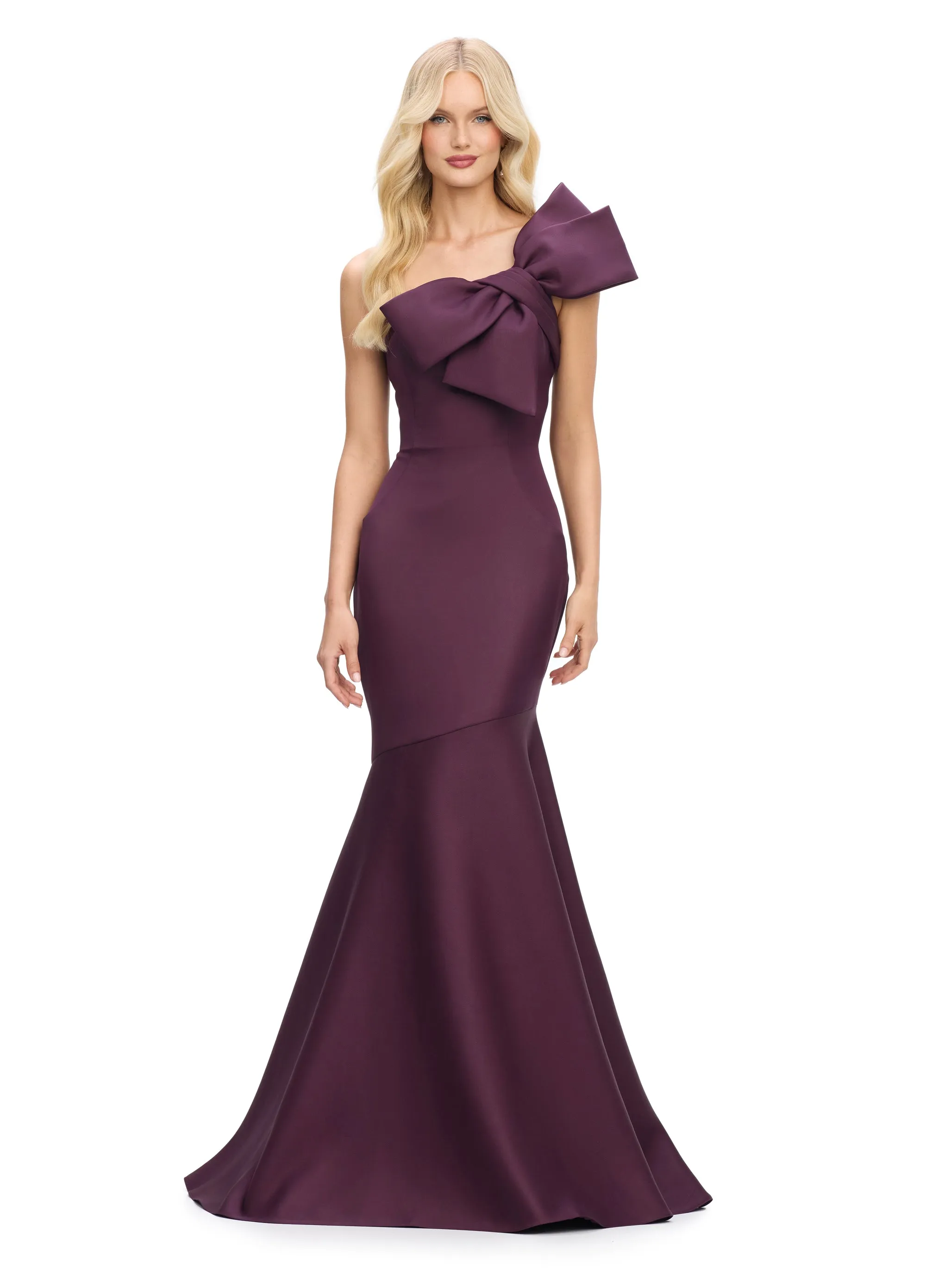 Ashley Lauren 11696 One Shoulder Bow Strap Evening Gown Satin Fit and Flare Sweeping Train