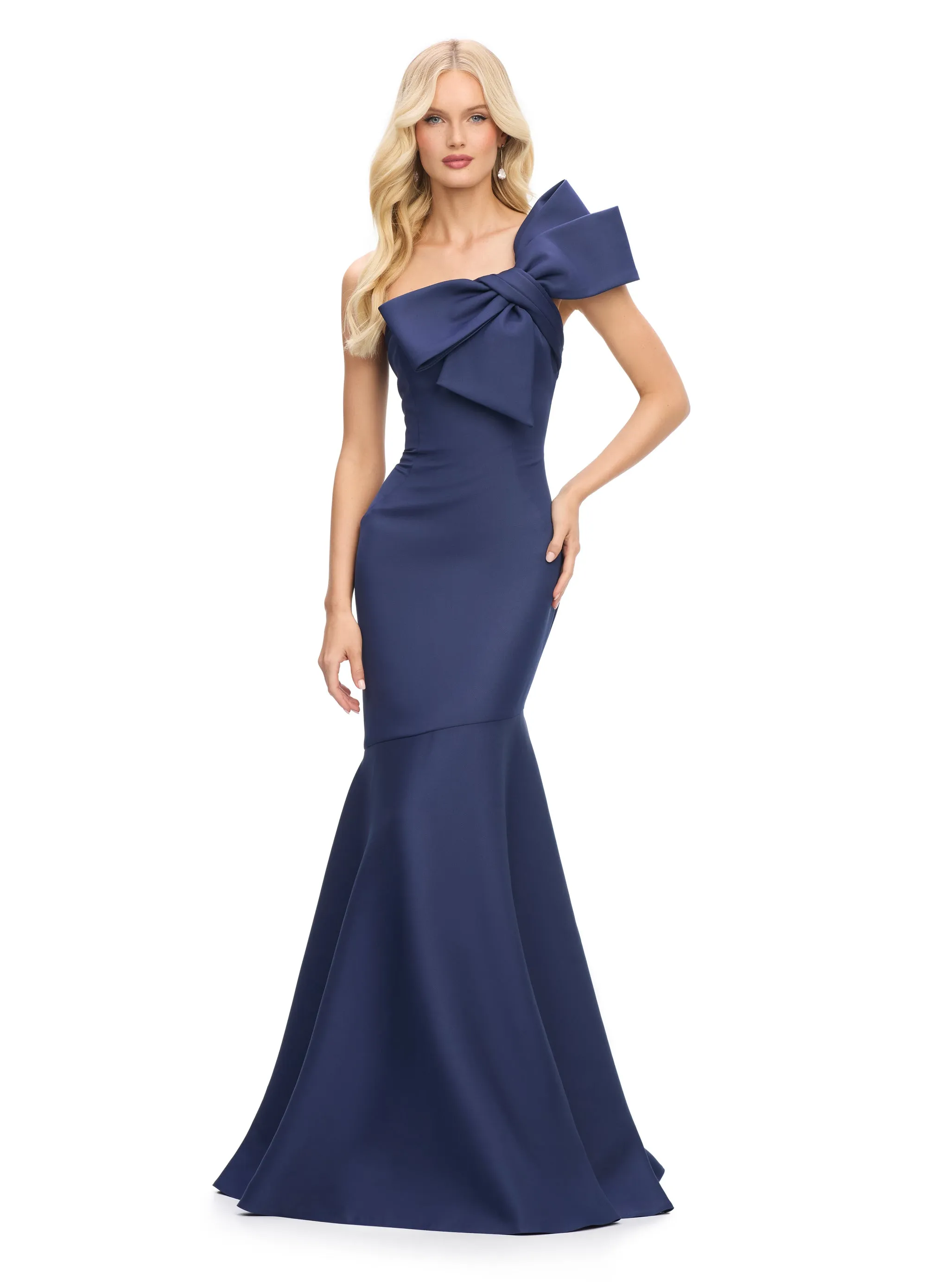 Ashley Lauren 11696 One Shoulder Bow Strap Evening Gown Satin Fit and Flare Sweeping Train