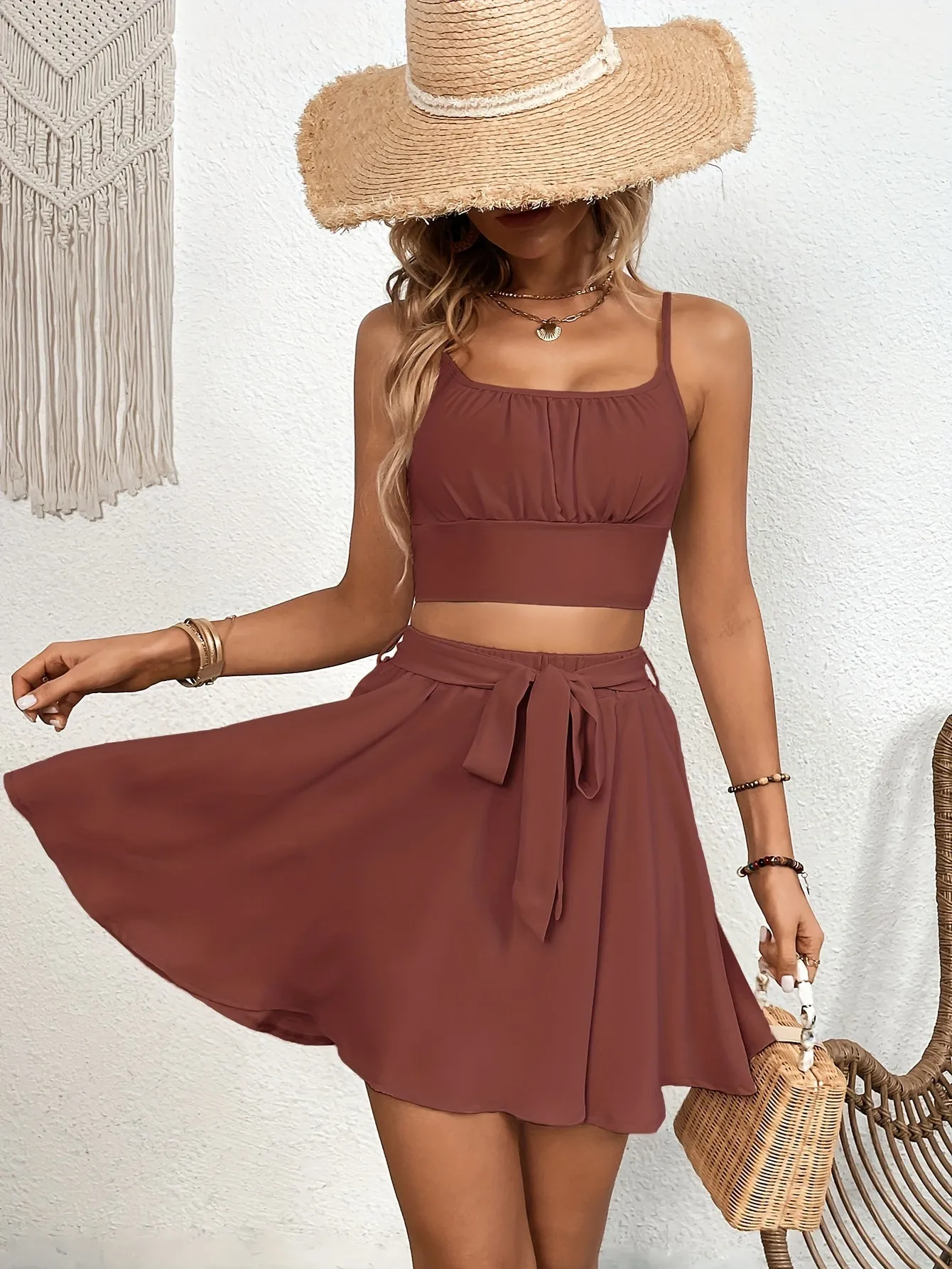 Chic Solid Two-Piece Skirt Set for Women - Flattering Crop Cami Top with Adjustable Tie Front Skirt, Effortless Casual Outfit