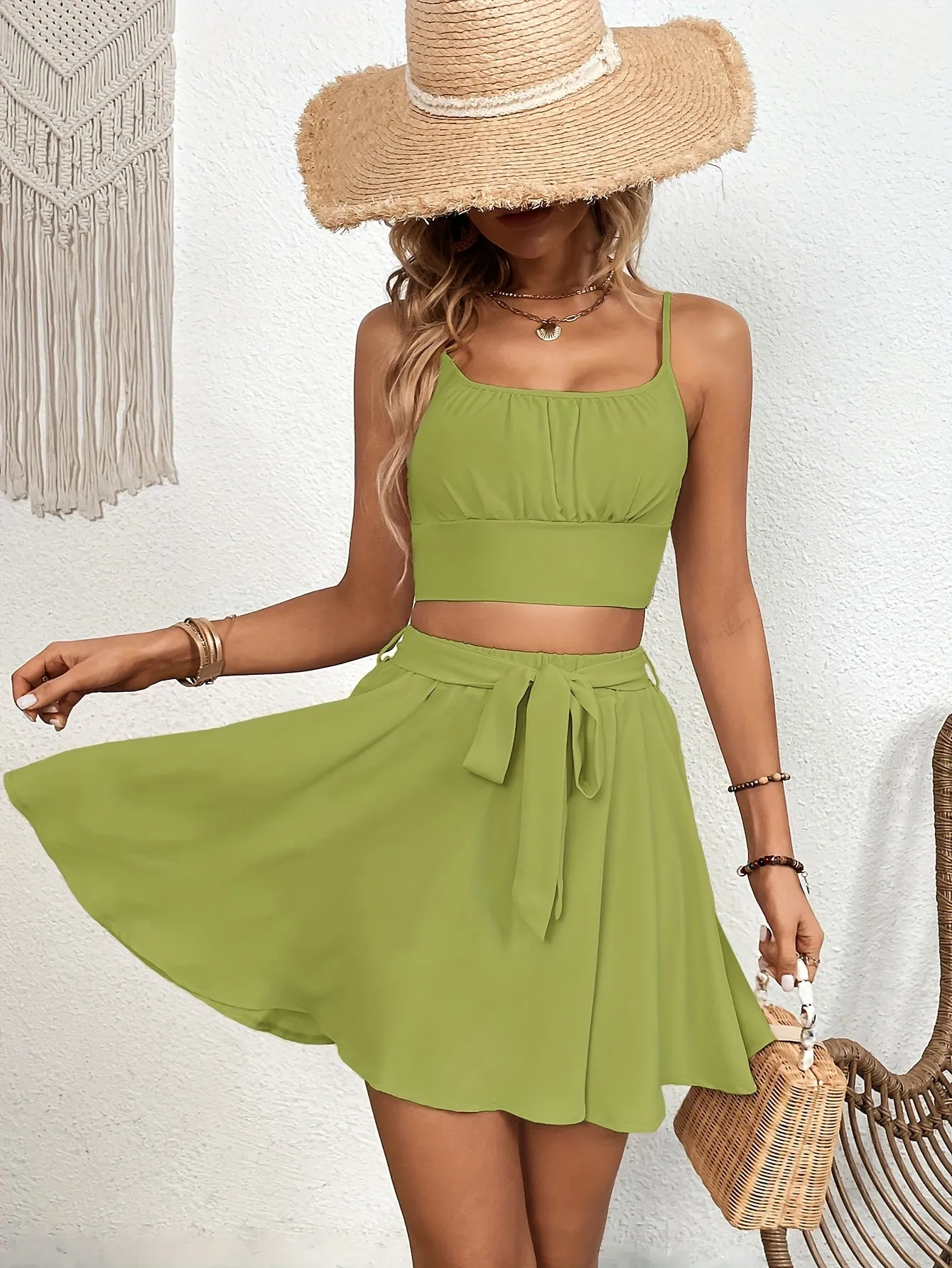 Chic Solid Two-Piece Skirt Set for Women - Flattering Crop Cami Top with Adjustable Tie Front Skirt, Effortless Casual Outfit