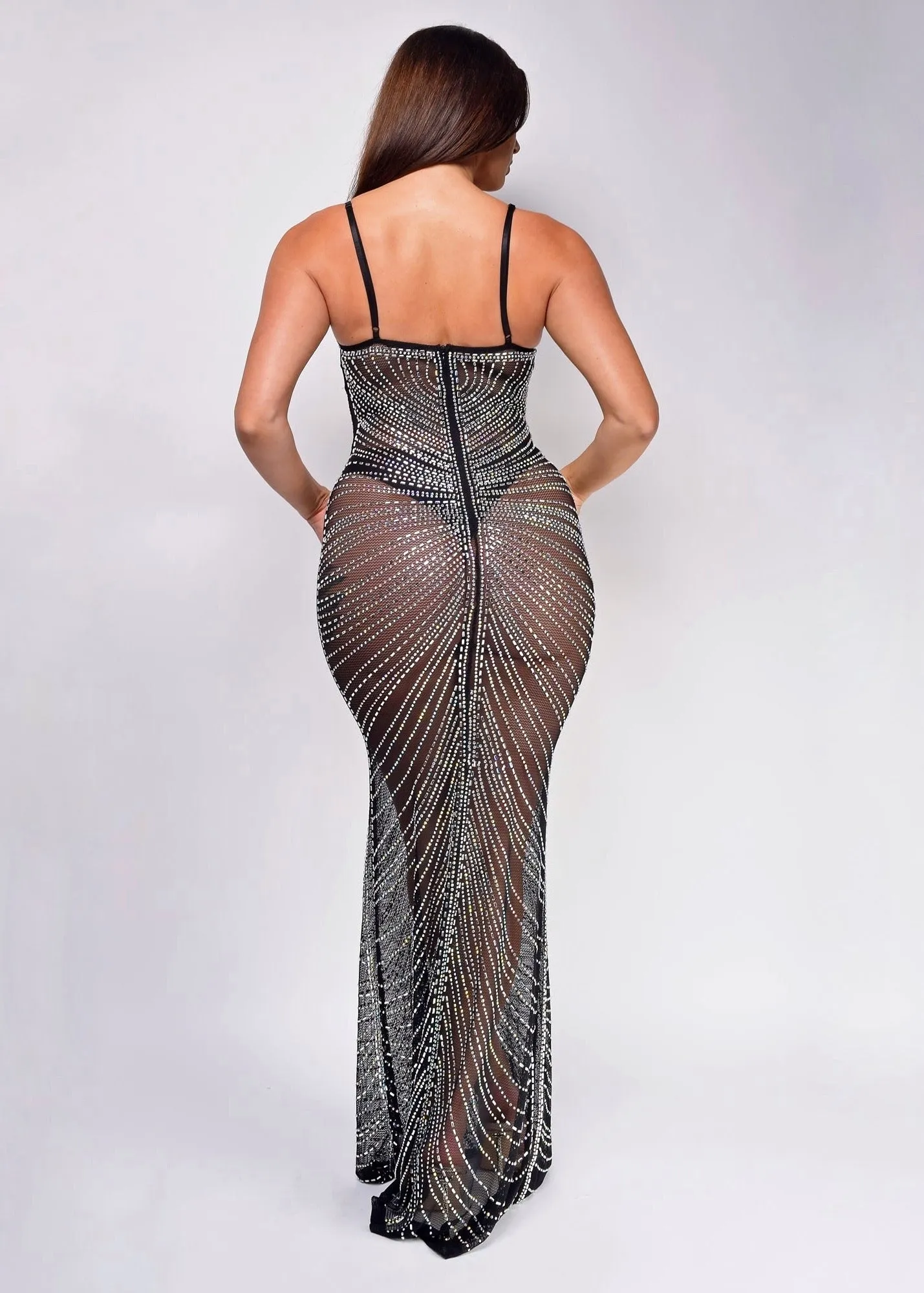 Crystal Decor Mesh Maxi Evening Gown