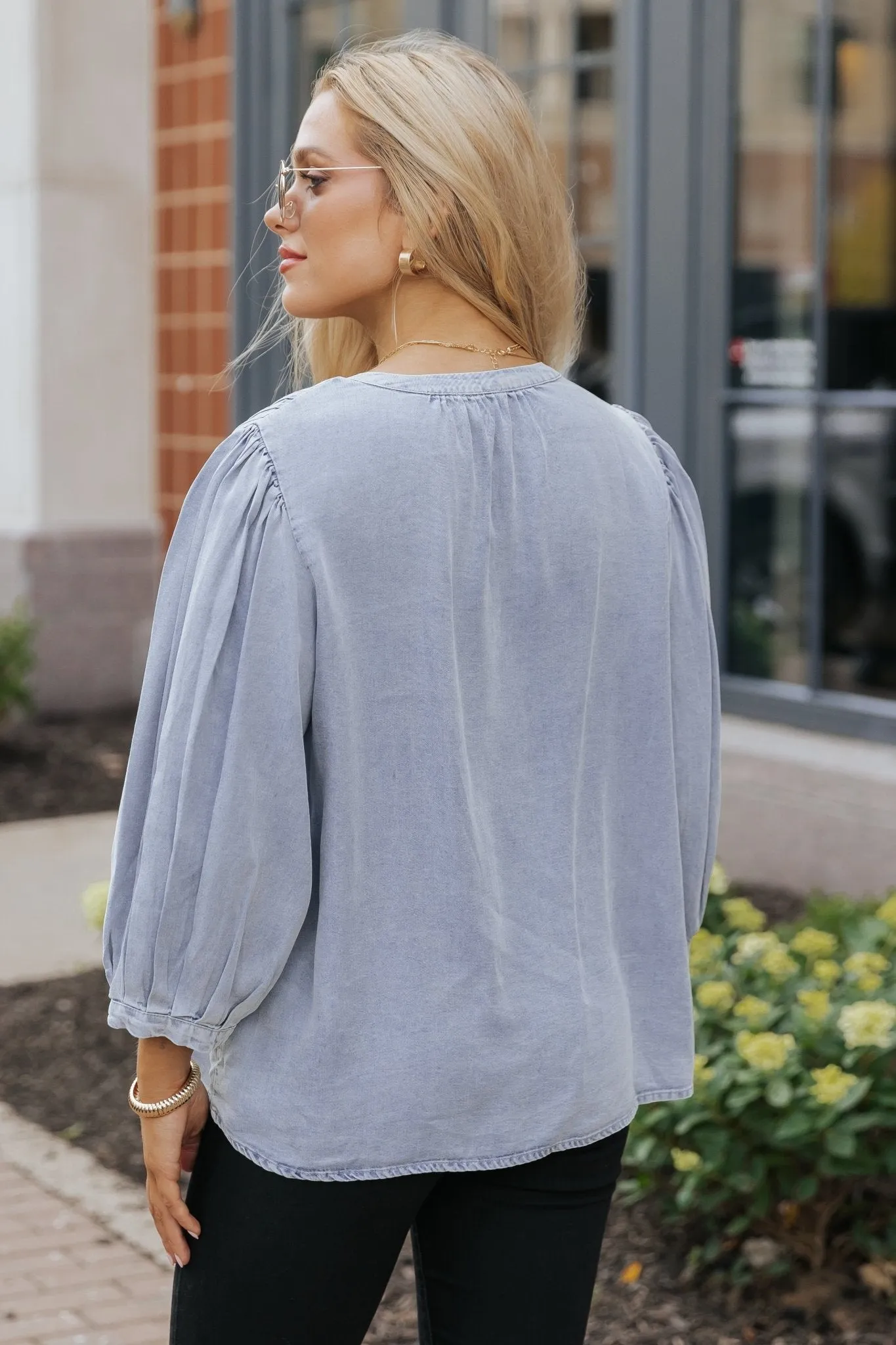 Denim Tie Detail Textured Top - FINAL SALE