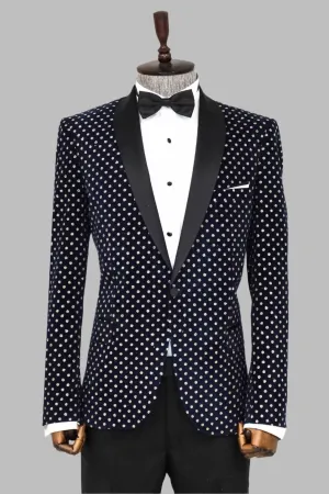 Dot Patterned Slim Fit Navy Blue Men Party Blazer - Wessi