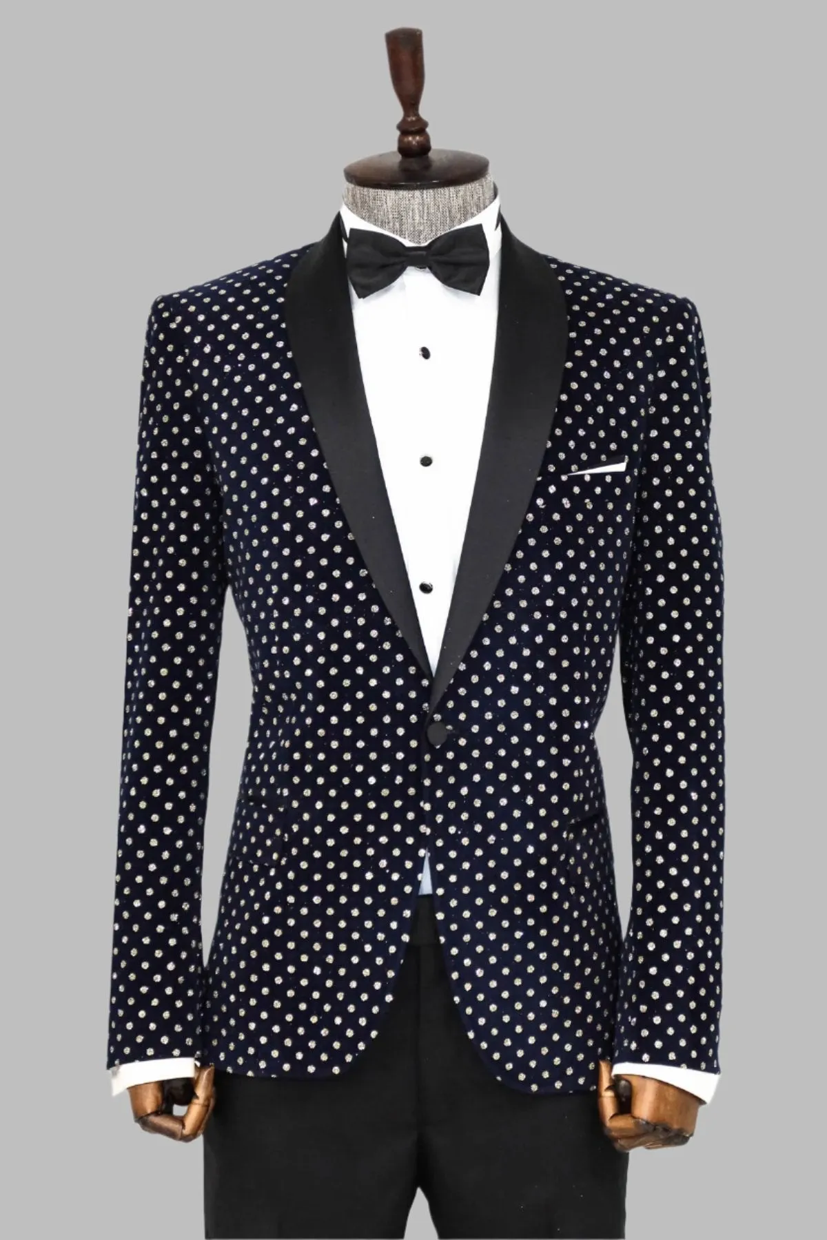 Dot Patterned Slim Fit Navy Blue Men Party Blazer - Wessi