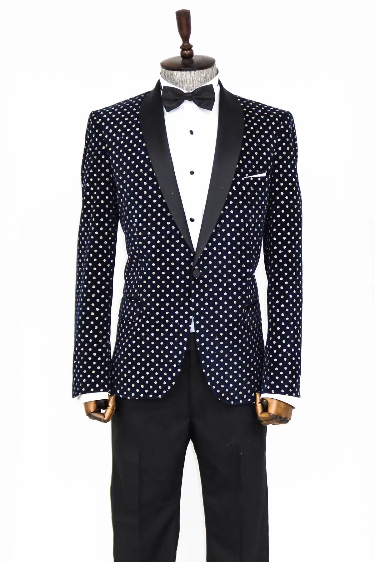 Dot Patterned Slim Fit Navy Blue Men Party Blazer - Wessi