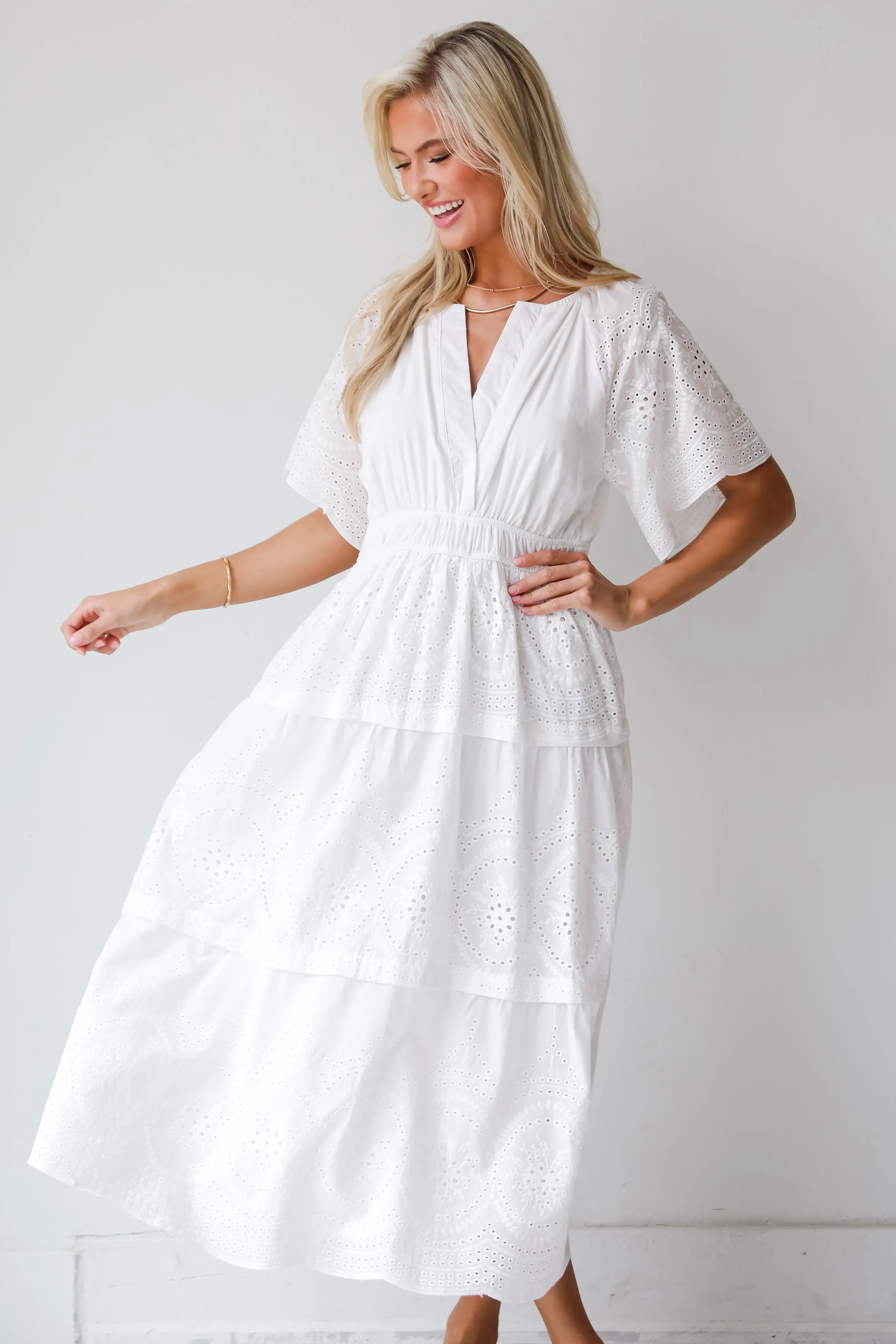 FINAL SALE - Perfect Sunshine White Eyelet Midi Dress