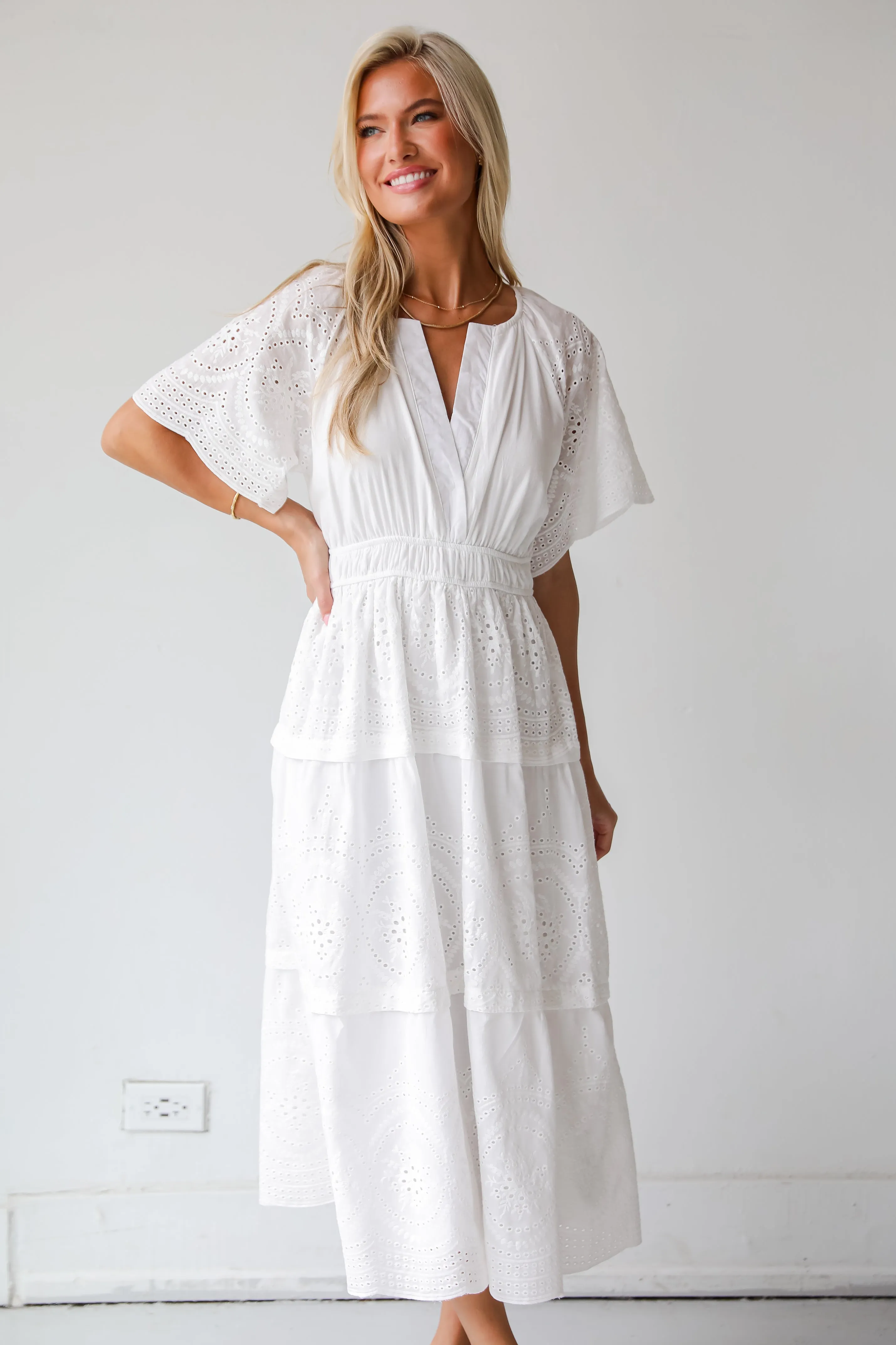 FINAL SALE - Perfect Sunshine White Eyelet Midi Dress