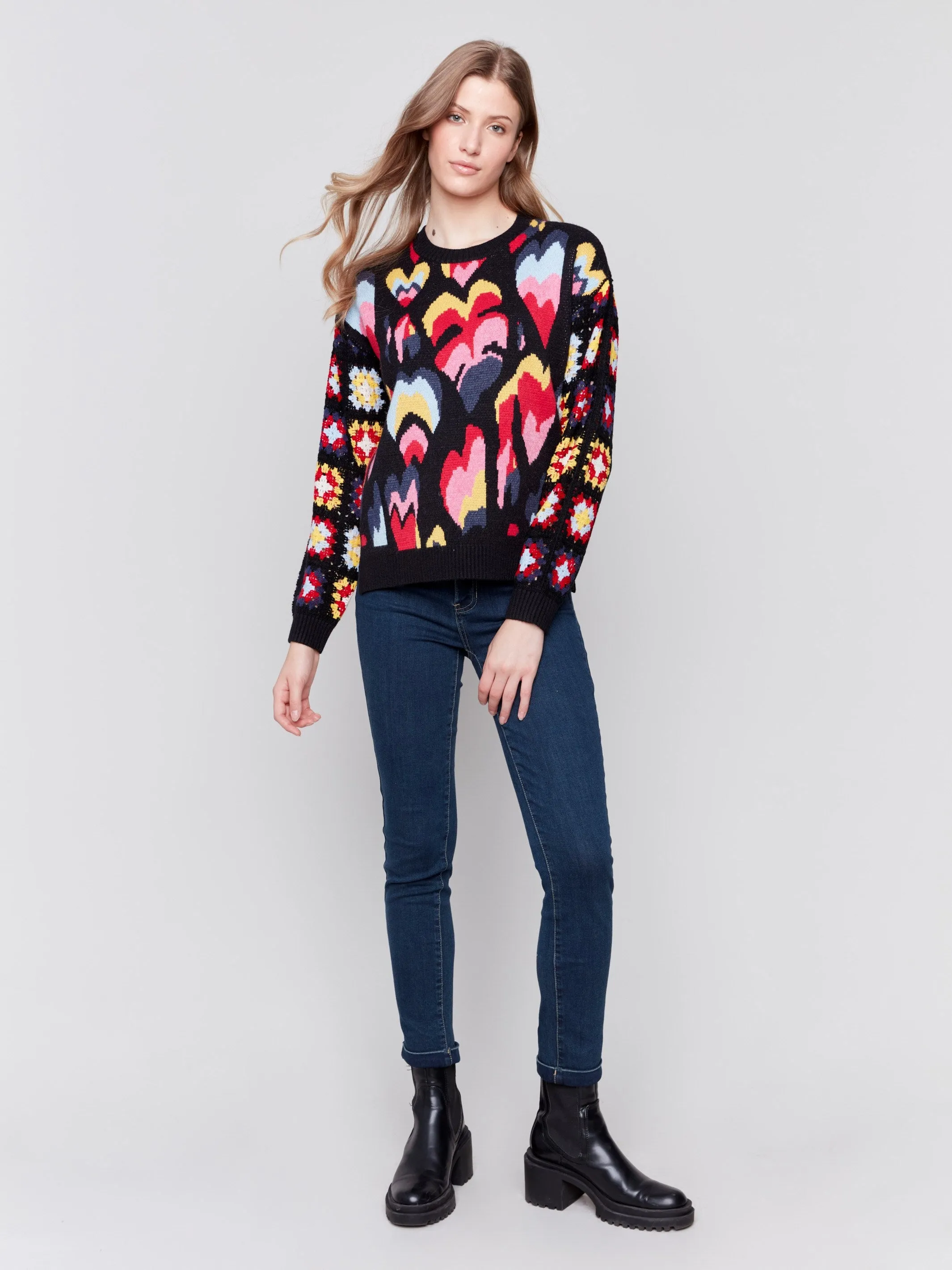 Jacquard Print Sweater with Crochet Sleeves - Black