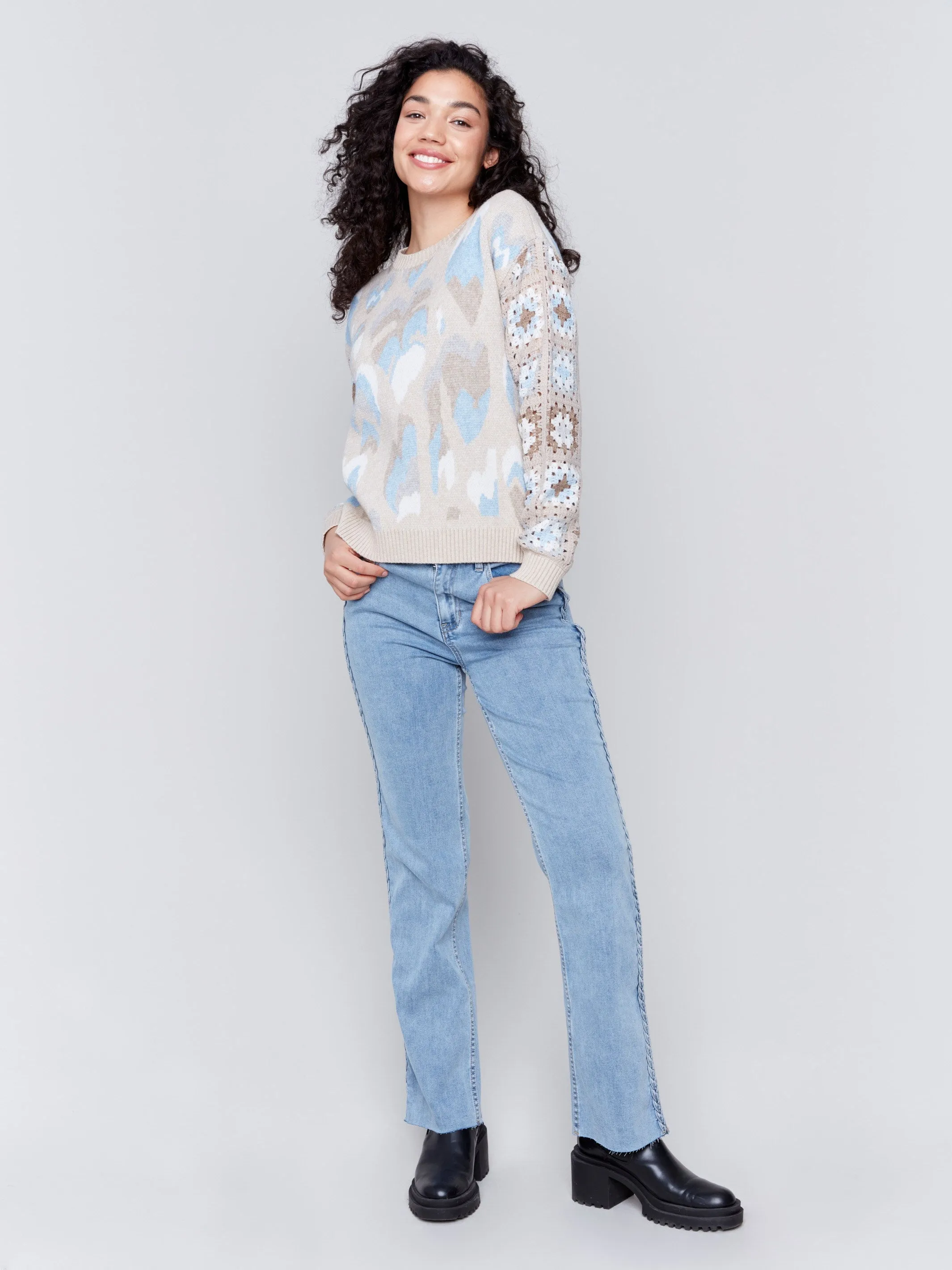 Jacquard Print Sweater With Crochet Sleeves - Ocean