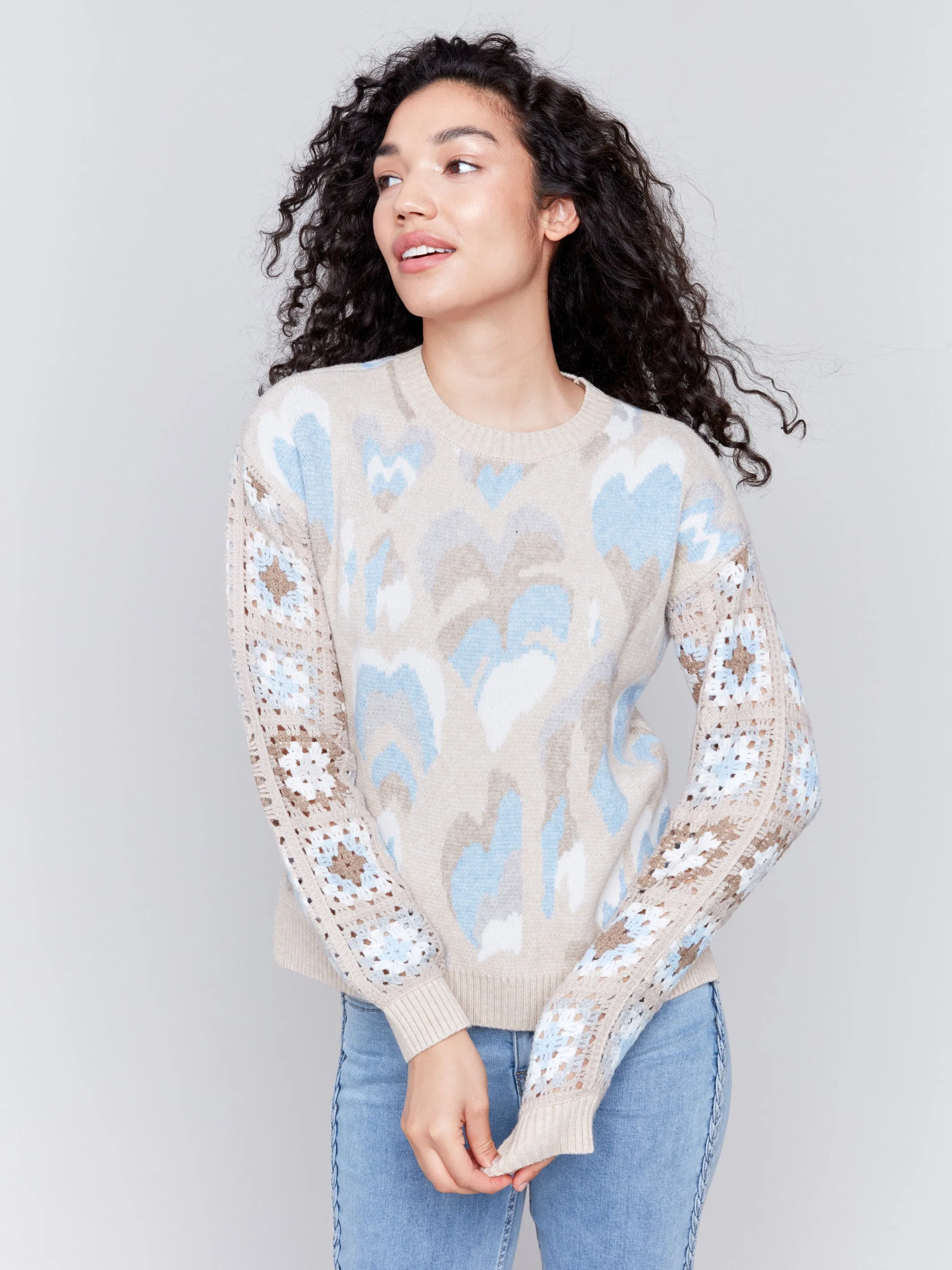 Jacquard Print Sweater With Crochet Sleeves - Ocean