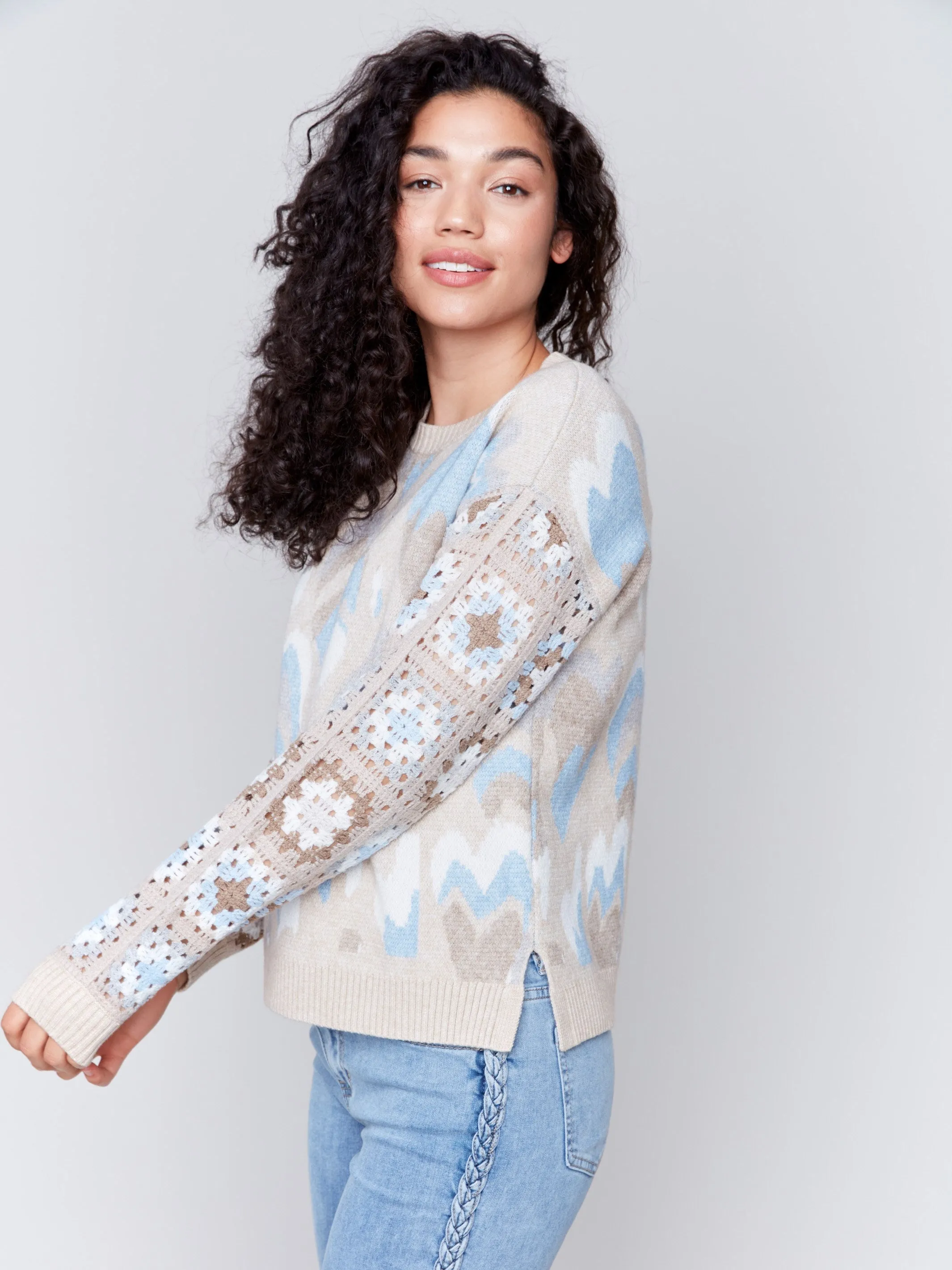 Jacquard Print Sweater With Crochet Sleeves - Ocean