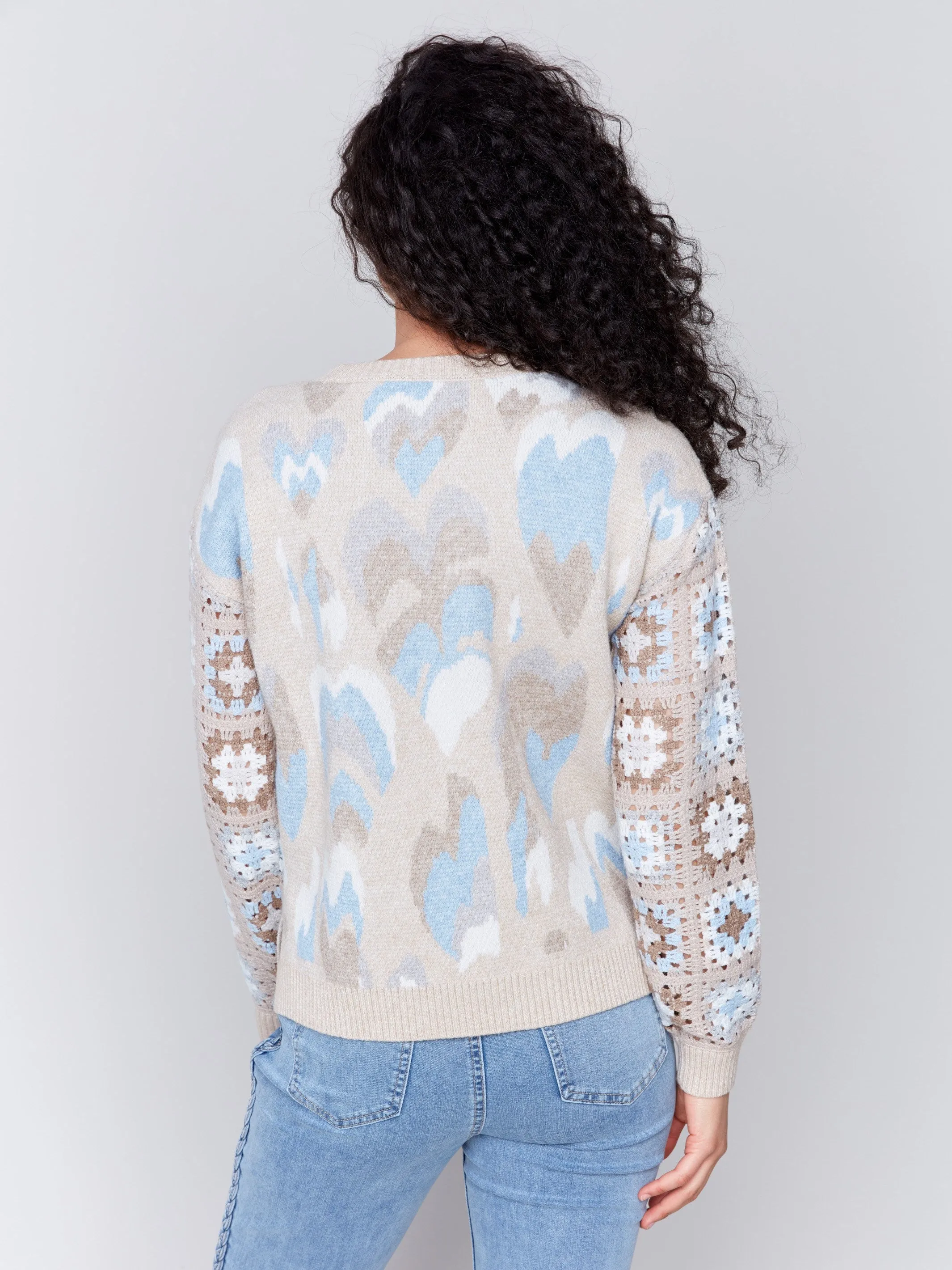 Jacquard Print Sweater With Crochet Sleeves - Ocean