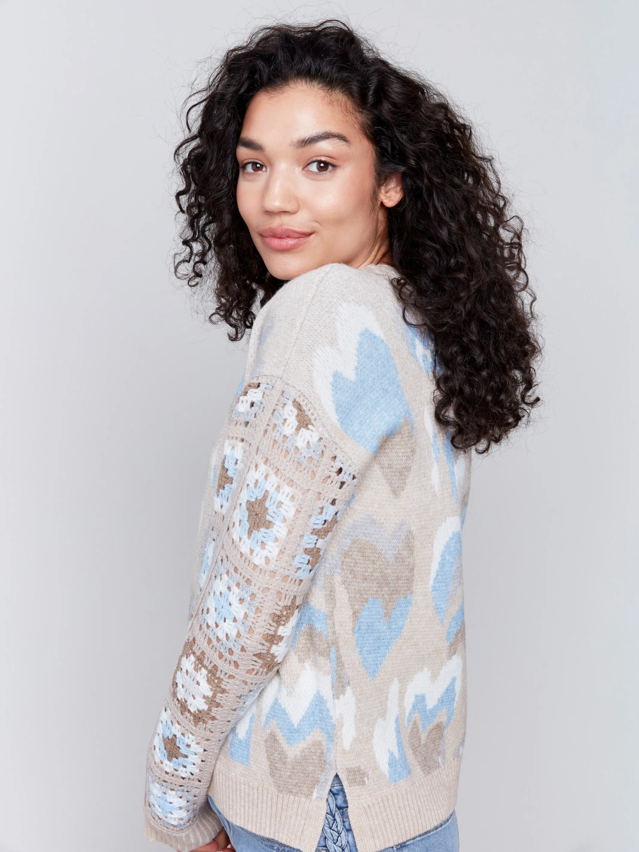 Jacquard Print Sweater With Crochet Sleeves - Ocean