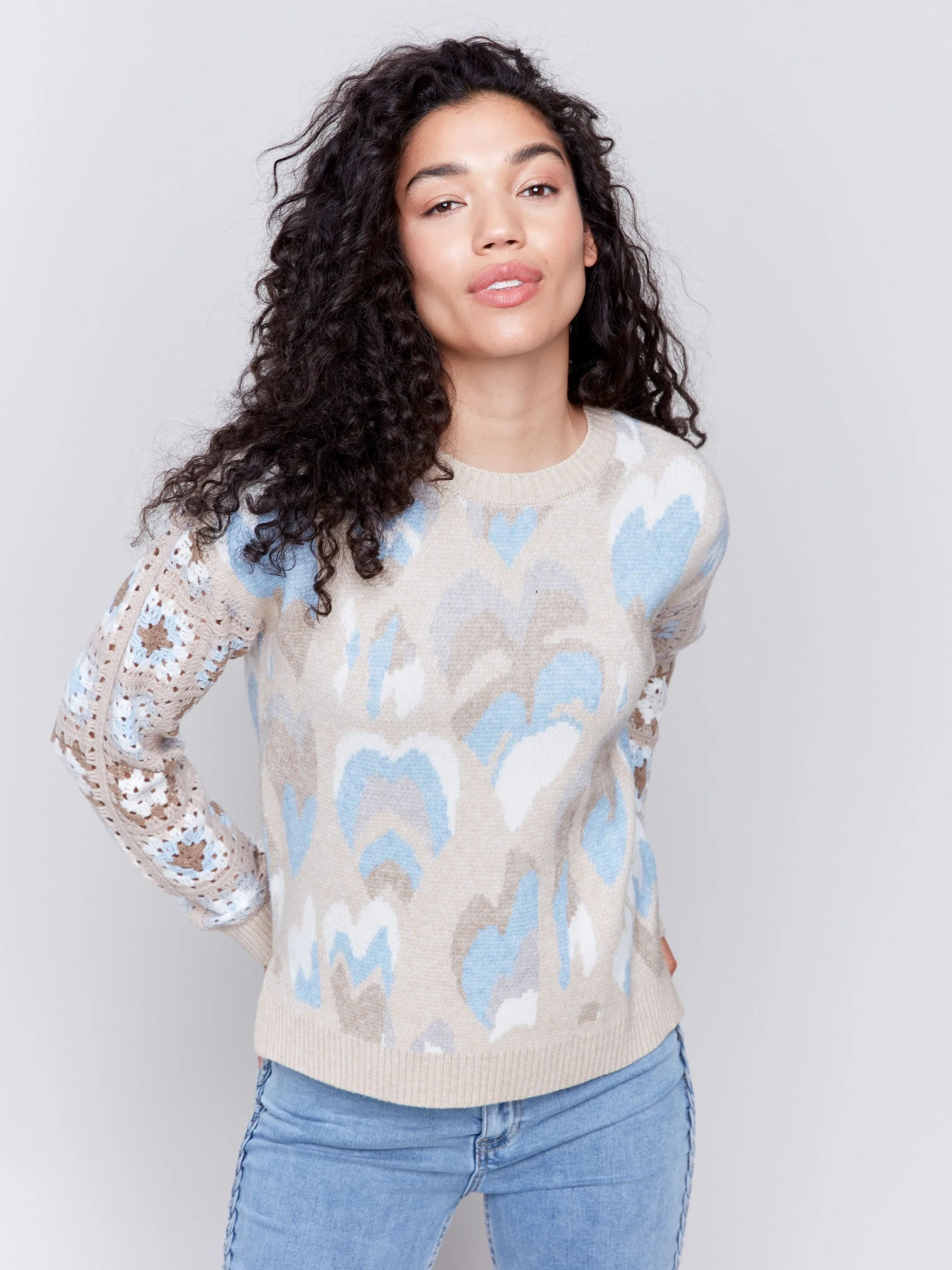 Jacquard Print Sweater With Crochet Sleeves - Ocean