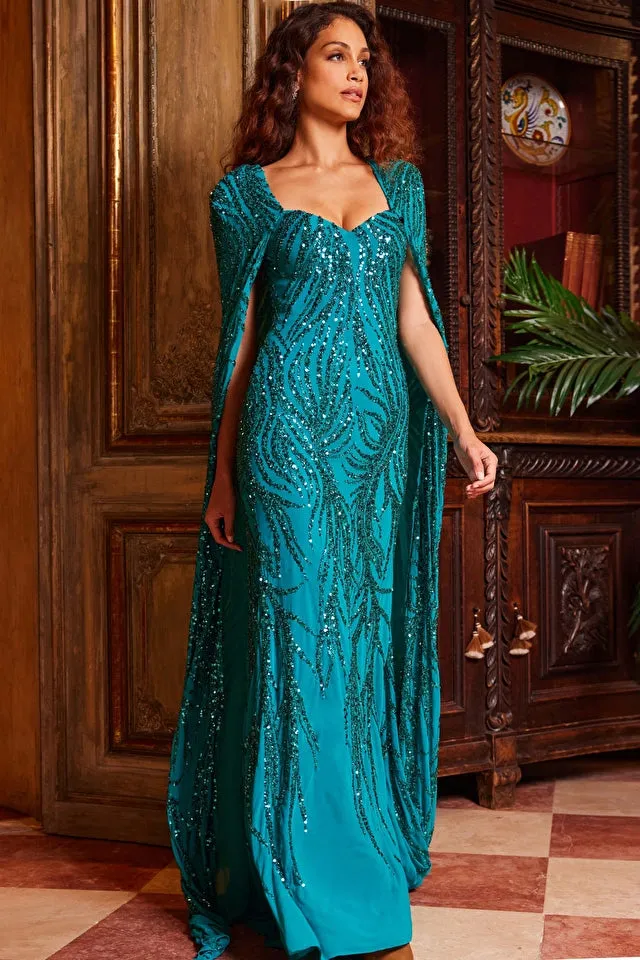 Jovani 23891 - Peacock Embellished Long Cape Evening Gown