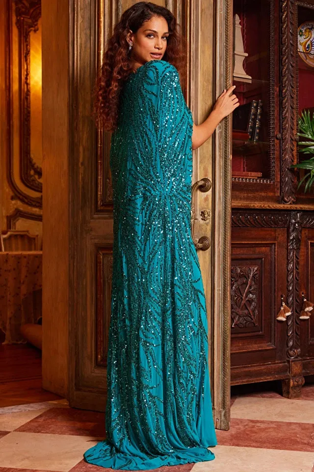 Jovani 23891 - Peacock Embellished Long Cape Evening Gown