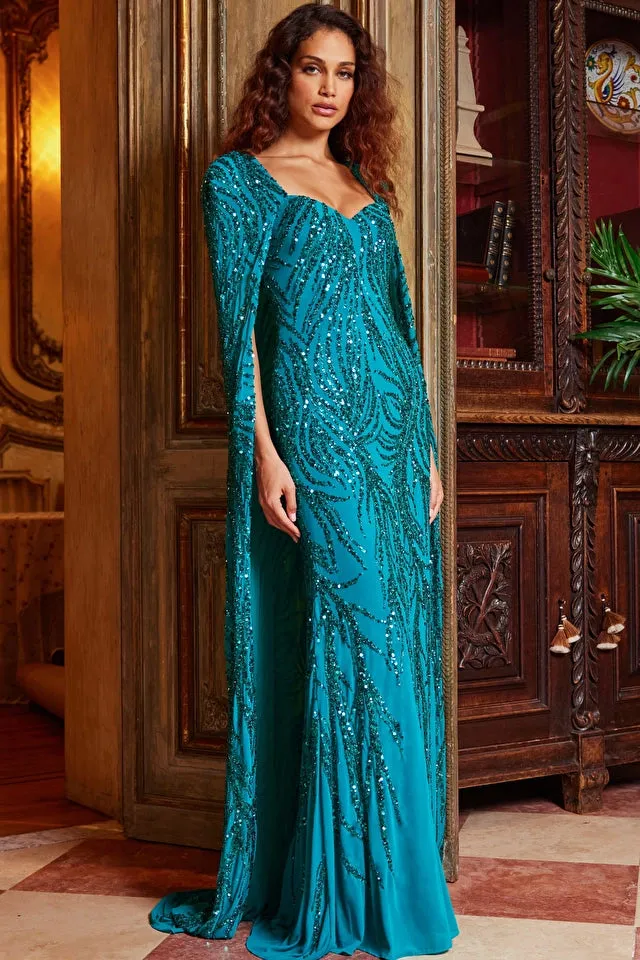 Jovani 23891 - Peacock Embellished Long Cape Evening Gown