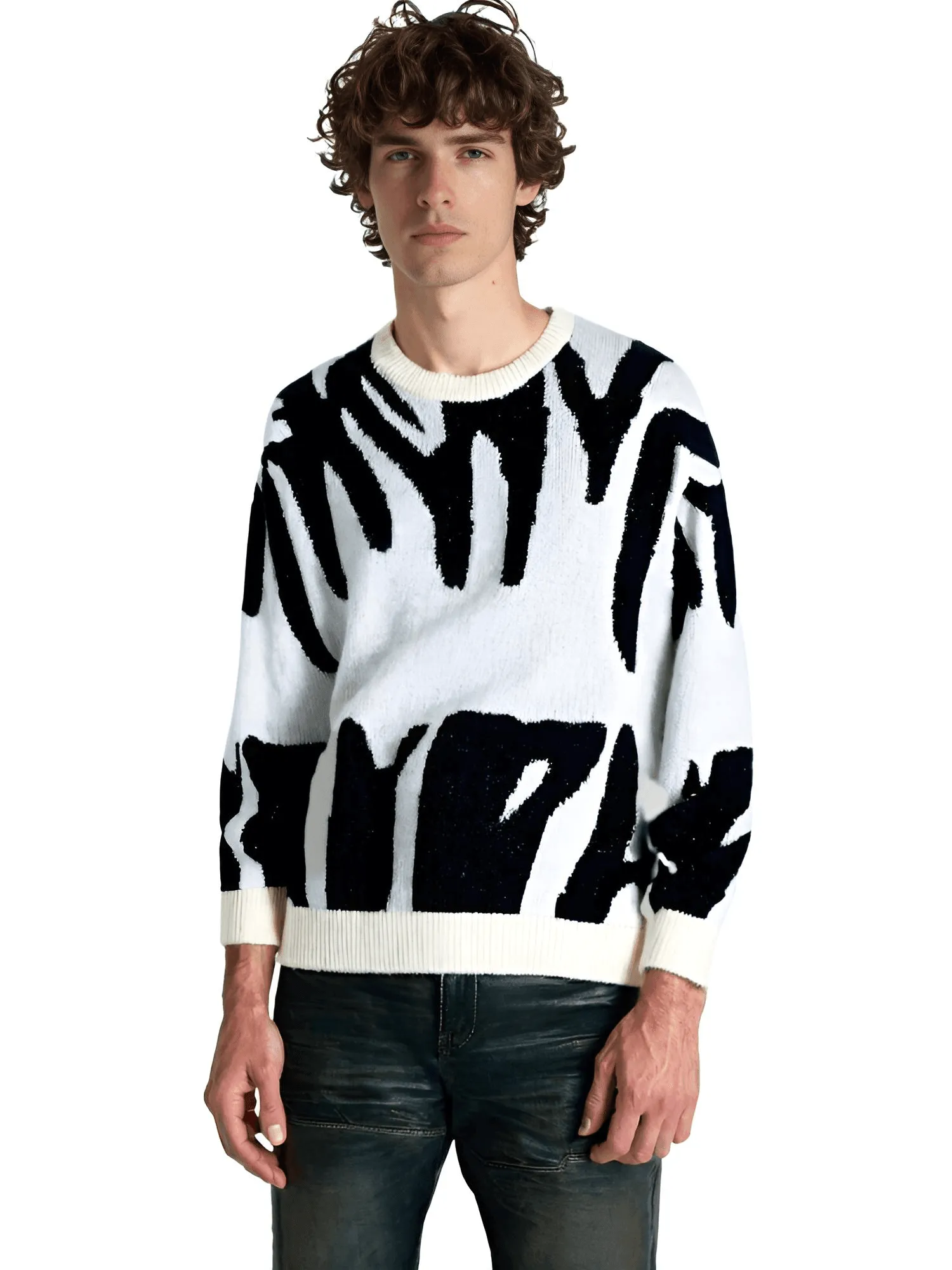 New Popular Men's Irregular Graphic Print Pullover Sweater Casual Round Neck Contrast Color Knitted Men's Pullovers  Autumn Winter