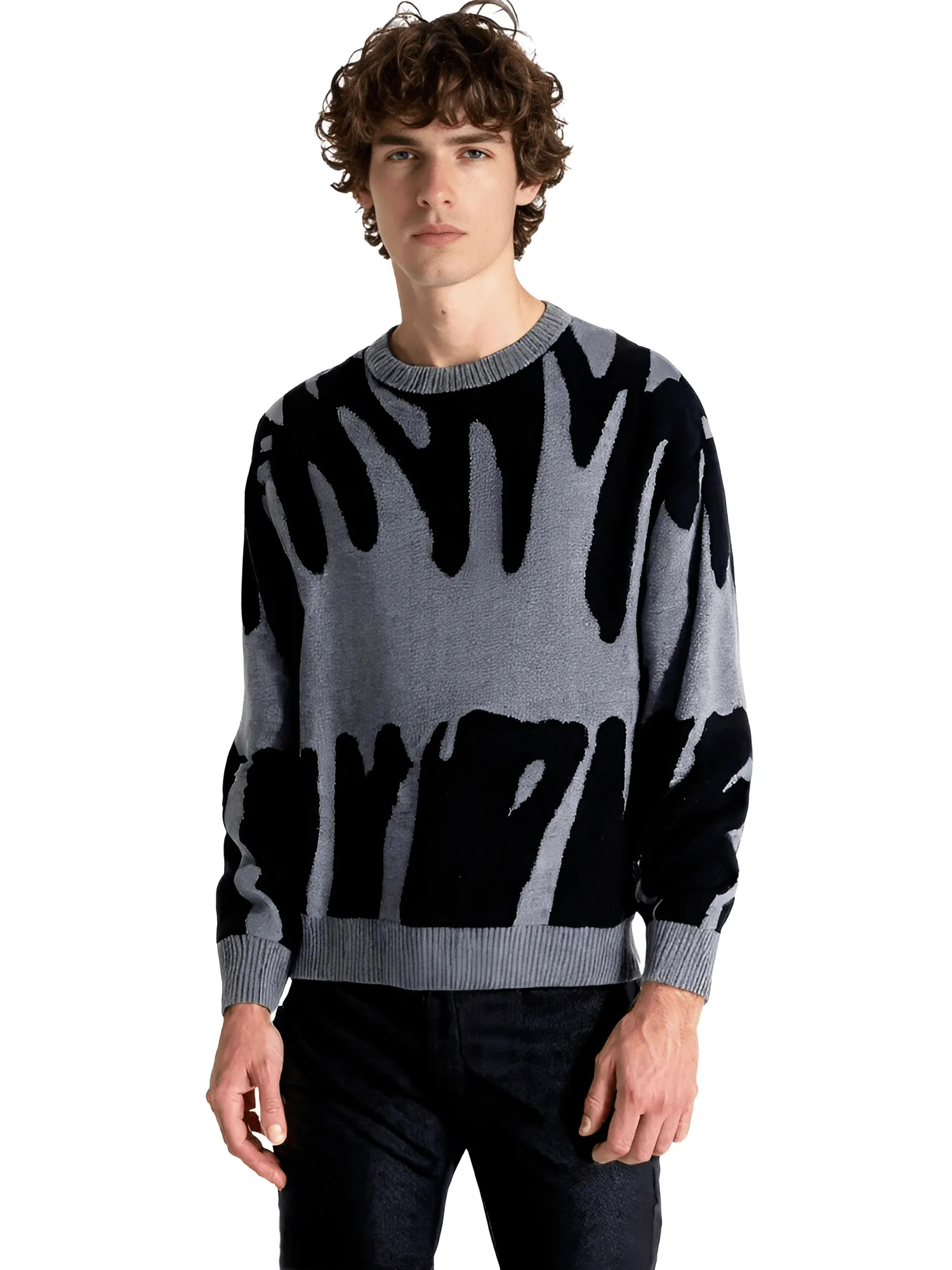 New Popular Men's Irregular Graphic Print Pullover Sweater Casual Round Neck Contrast Color Knitted Men's Pullovers  Autumn Winter