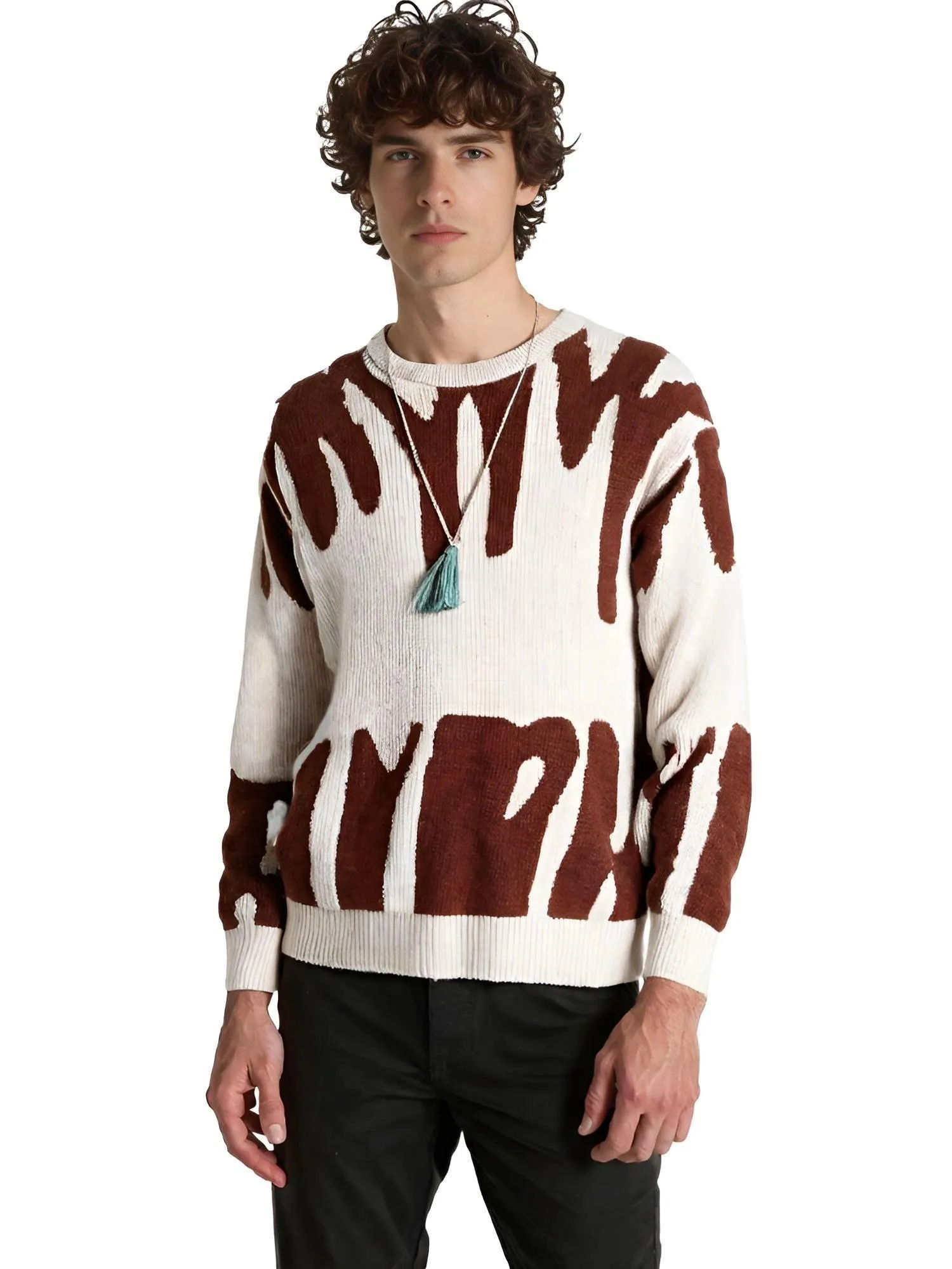 New Popular Men's Irregular Graphic Print Pullover Sweater Casual Round Neck Contrast Color Knitted Men's Pullovers  Autumn Winter