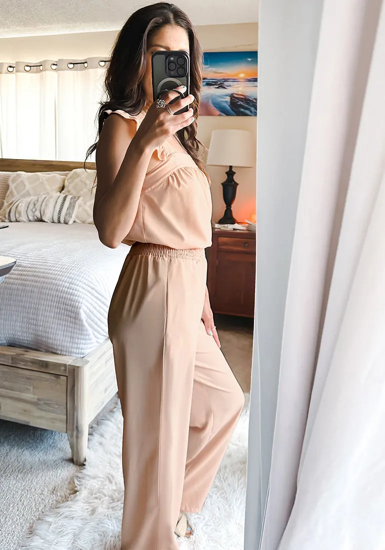 Novelle Peach Women's 2 Piece Sets Flowy Square Neck Top Wide Leg Pants Vacation Two Piece Outfits