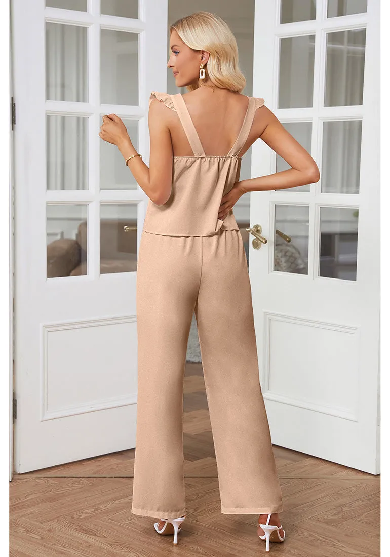 Novelle Peach Women's 2 Piece Sets Flowy Square Neck Top Wide Leg Pants Vacation Two Piece Outfits