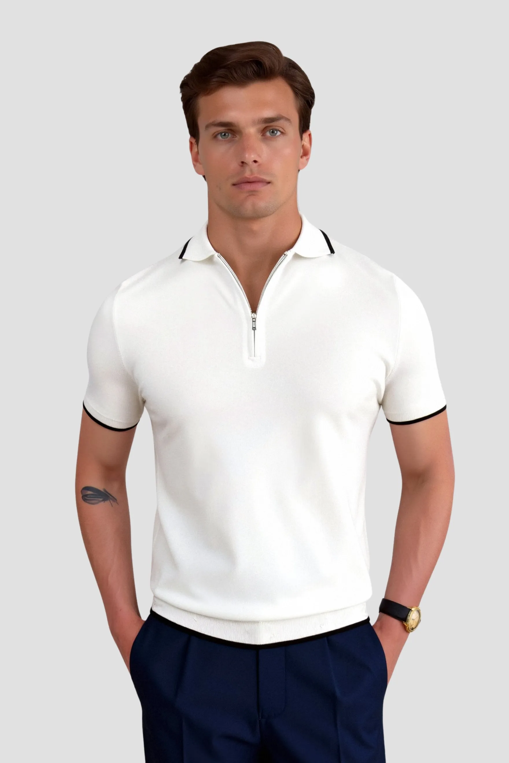 Old Money Color Matching Knitted Quarter Zip Golf Polo T-Shirt