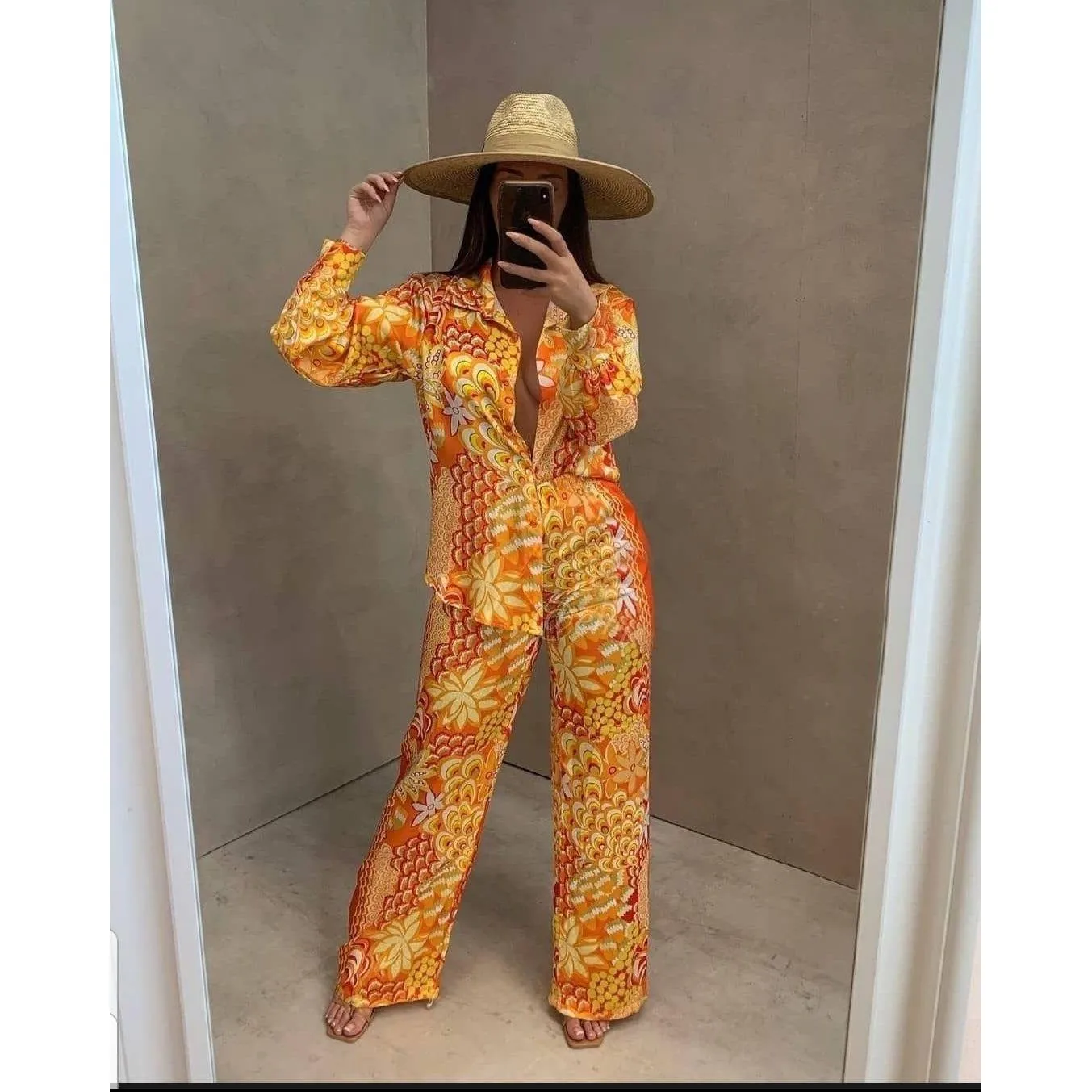 Print Turn-down Collar Blouse And Long Pants Outfits Set