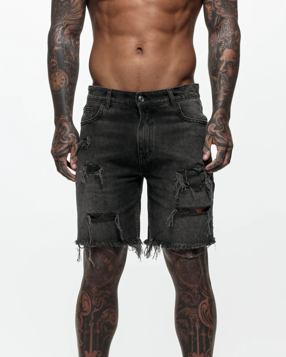 Relaxed Fit Ripped Denim Shorts - Black