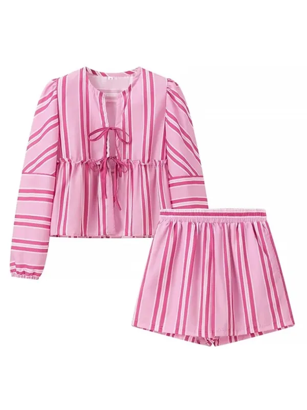 Relaxed Striped Print Tie-Up Blouse & Shorts Lounge Set for Women