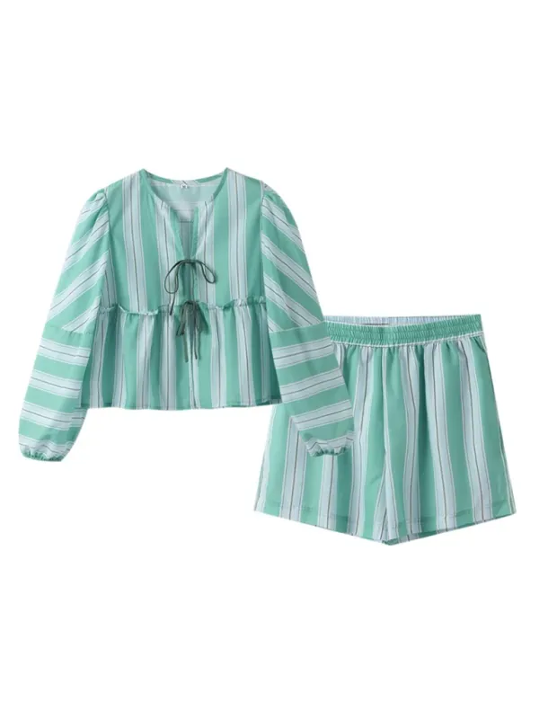 Relaxed Striped Print Tie-Up Blouse & Shorts Lounge Set for Women