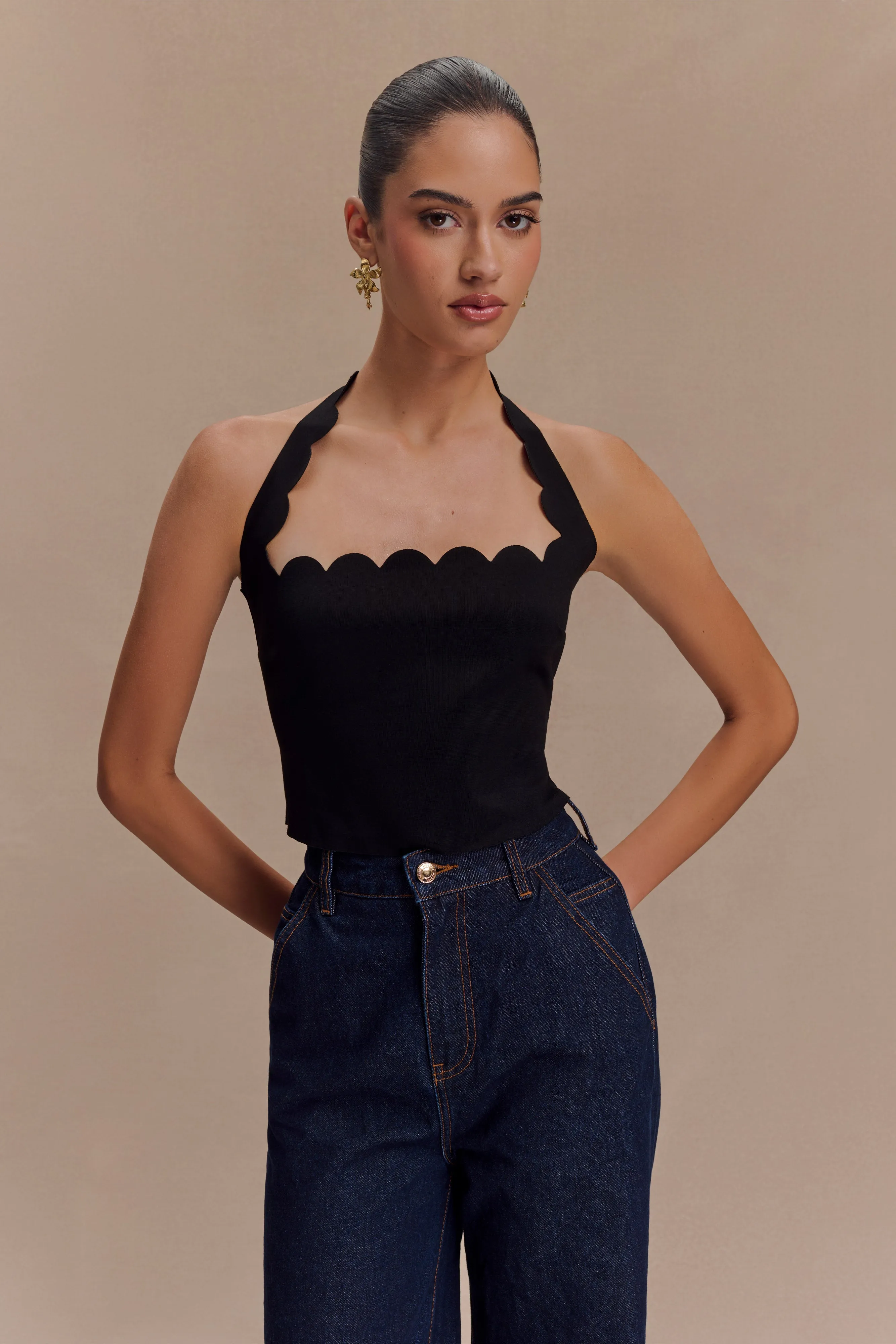 Selena Scalloped Jersey Halter Top - Black