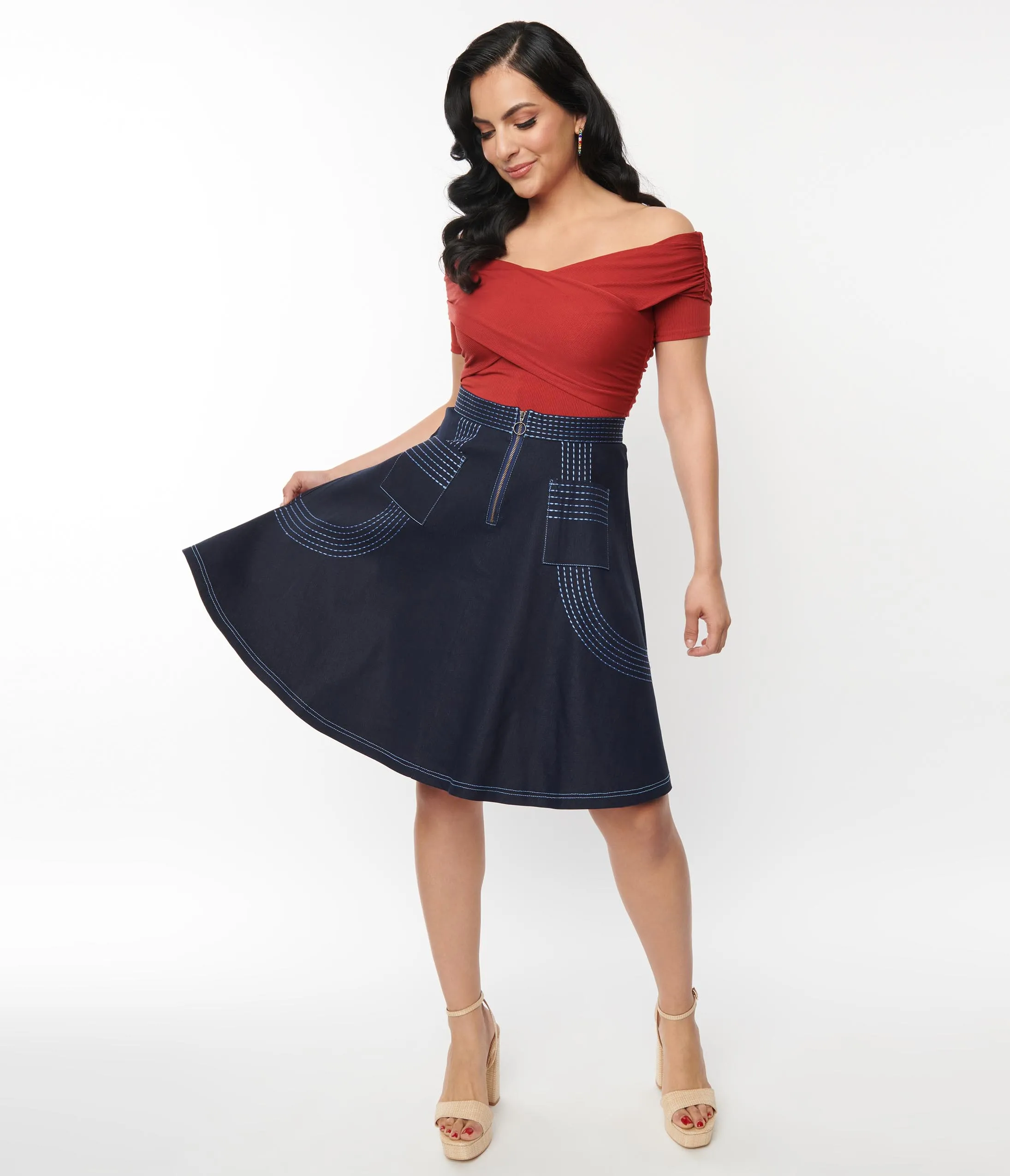 Unique Vintage Denim Blue Patch Pocket Swing Skirt