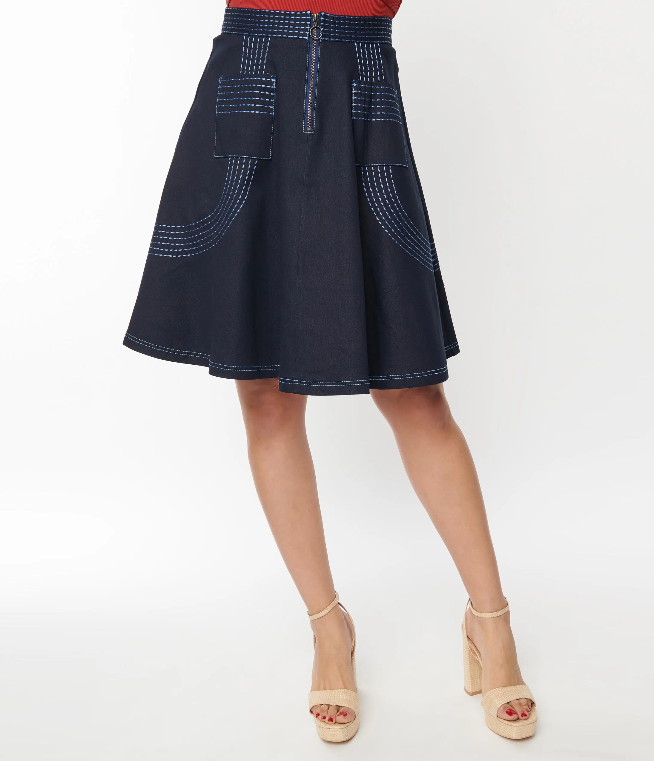 Unique Vintage Denim Blue Patch Pocket Swing Skirt