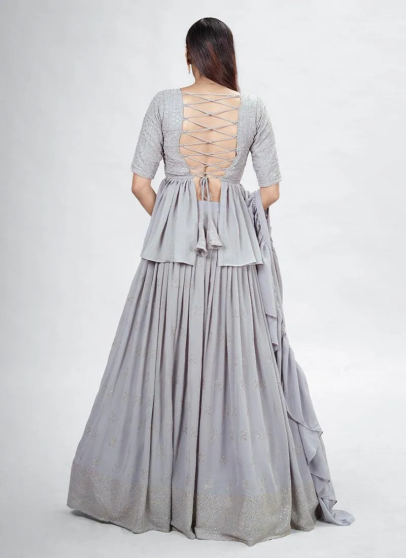 V-Neck Mukaish Work Grey Long Top Chaniya Choli